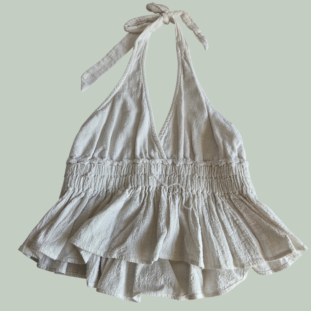 Ocean Drive White Smocked Halter Peplum Top Preppy Textured V-Neck Small